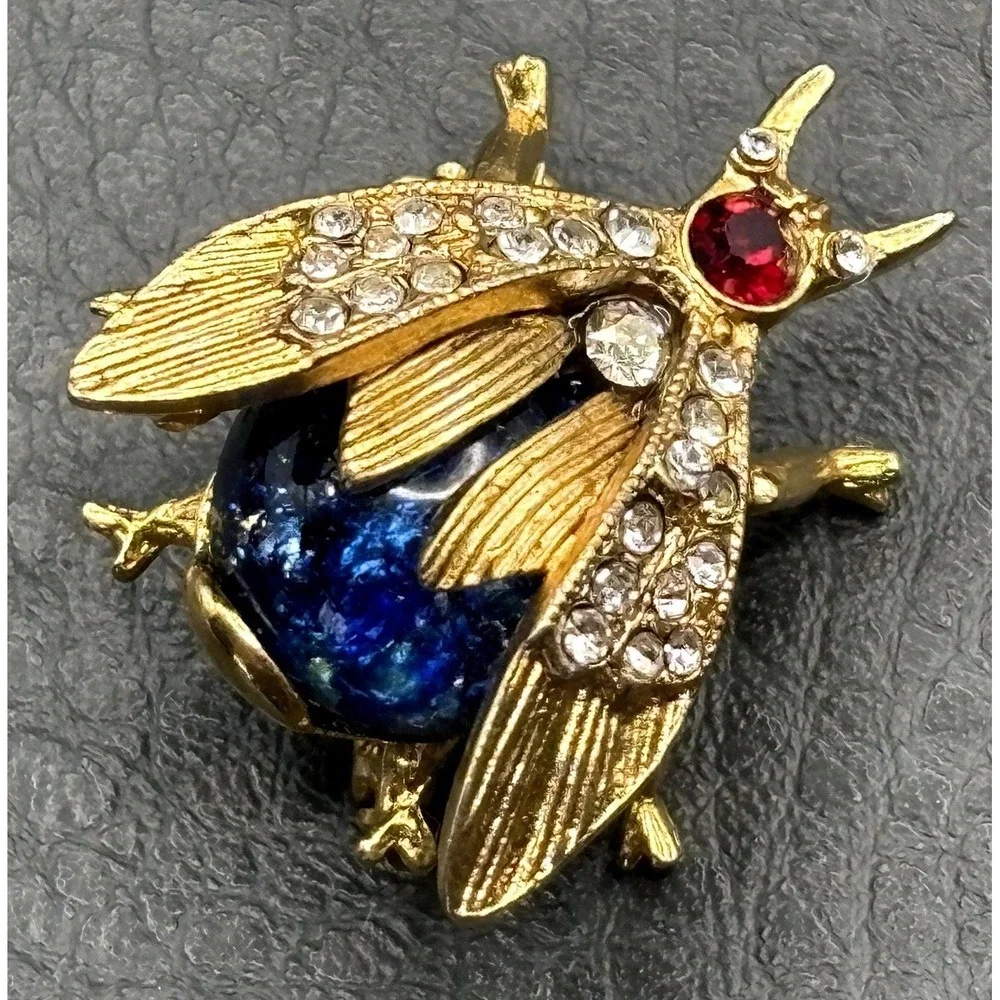 Vintage Beetle Insect Bug Brooch Pin Blue Glitter Belly Red Crystal Rhinestone